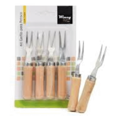 Kit Com 4 Garfos Para Petisco Madeira em Inox