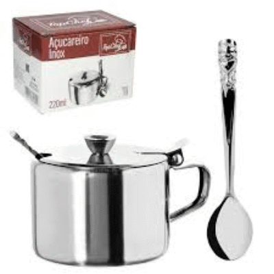 Açucareiro com tampa + colher de inox 220ml 7×7,5cm – TOP CHEF