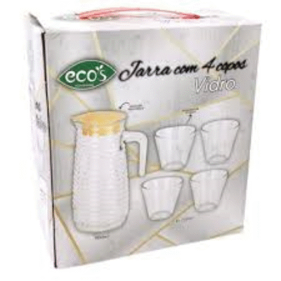 kit jarra de vidro 900 ml + 4 copos de vidro 250 ml p/sucos