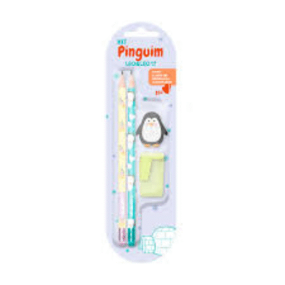 Kit Escolar 4 Peças Pinguim 2 Lápis/Apontador/Borracha – REF: 0021
